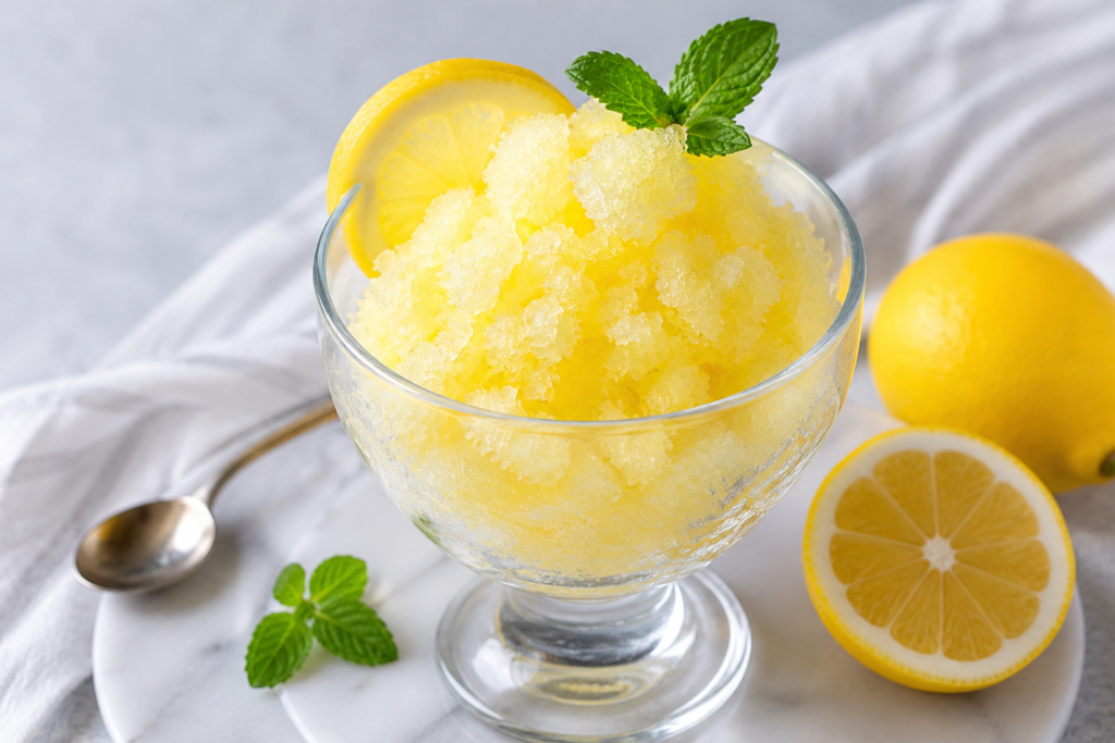 granita cytrynowa domowa w pucharku z cytryną i miętą