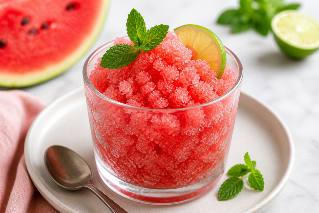 granita arbuzowa domowa w szklance z miętą i limonką