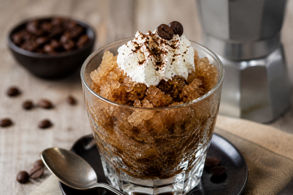 granita kawowa domowa w szklance z bitą śmietaną