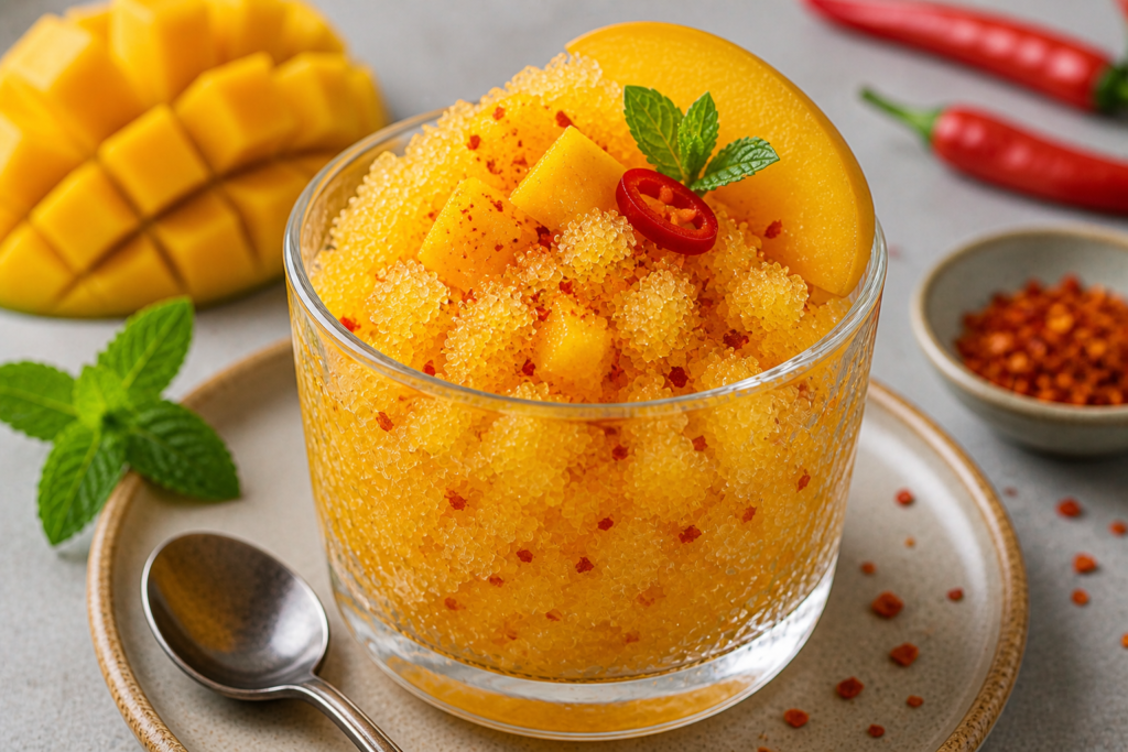 granita mango z chili domowa w szklance z kawałkami mango i papryczką chili