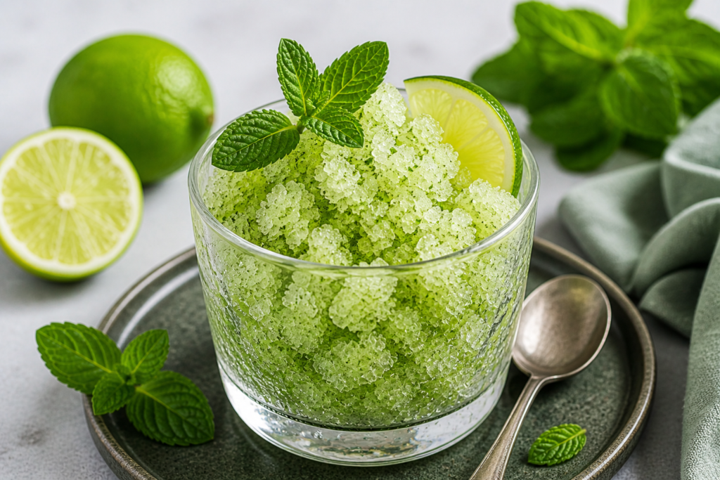 granita miętowa z limonką domowa w szklance z miętą i limonką
