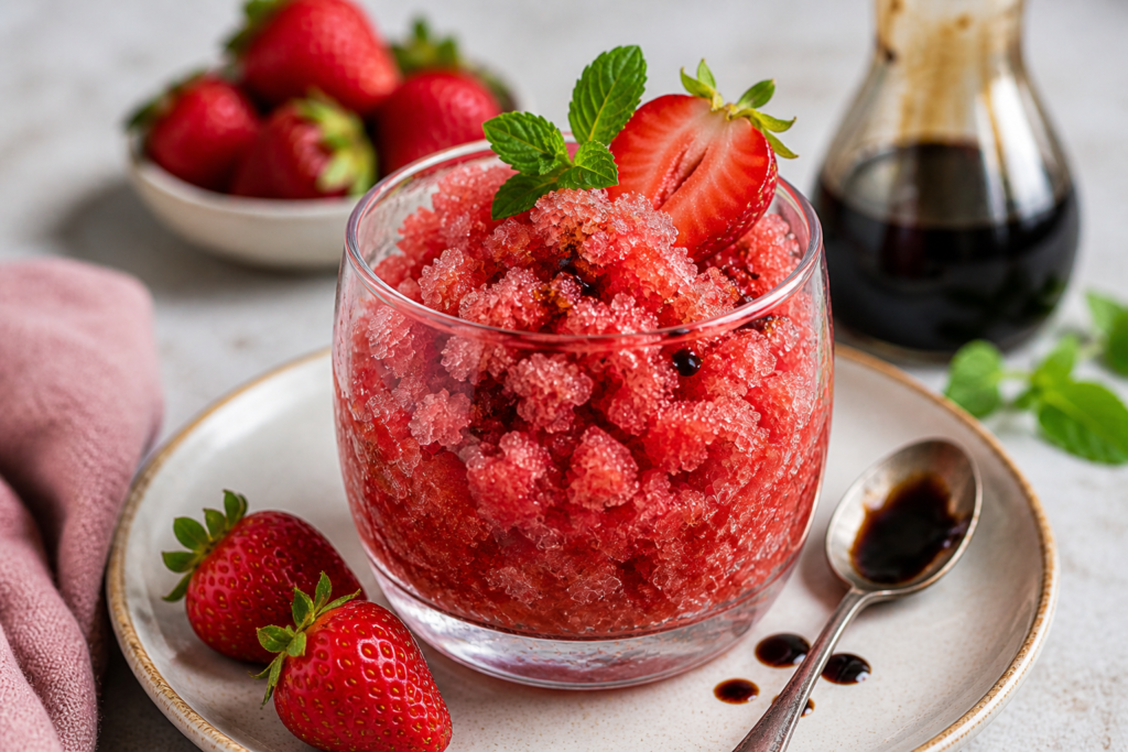 granita truskawkowa z balsamico w szklance ze świeżymi truskawkami