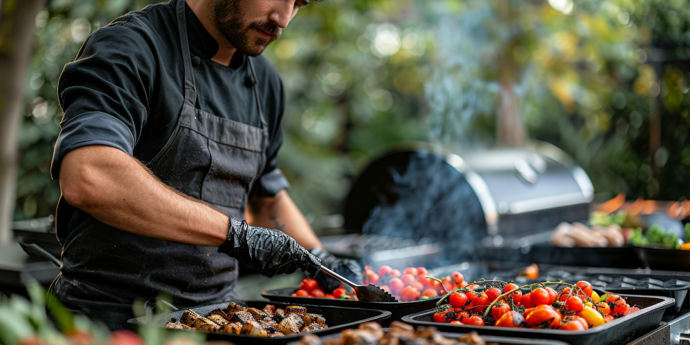 Szef kuchni grillujący na plenerowym grillu gazowym podczas eventu.