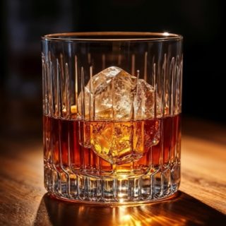 Zbliżenie na elegancką szklankę z whisky na tle baru w stylu industrialnym