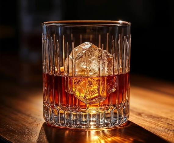 Zbliżenie na elegancką szklankę z whisky na tle baru w stylu industrialnym