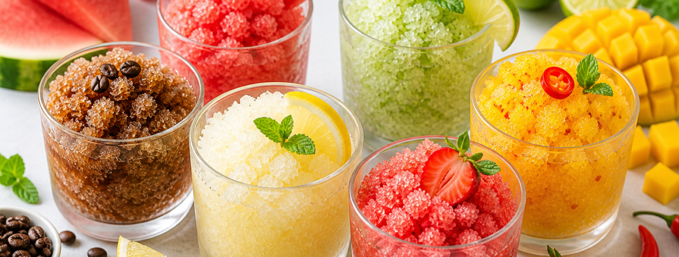 granita domowa różne smaki w pucharkach cytrynowa kawowa arbuzowa