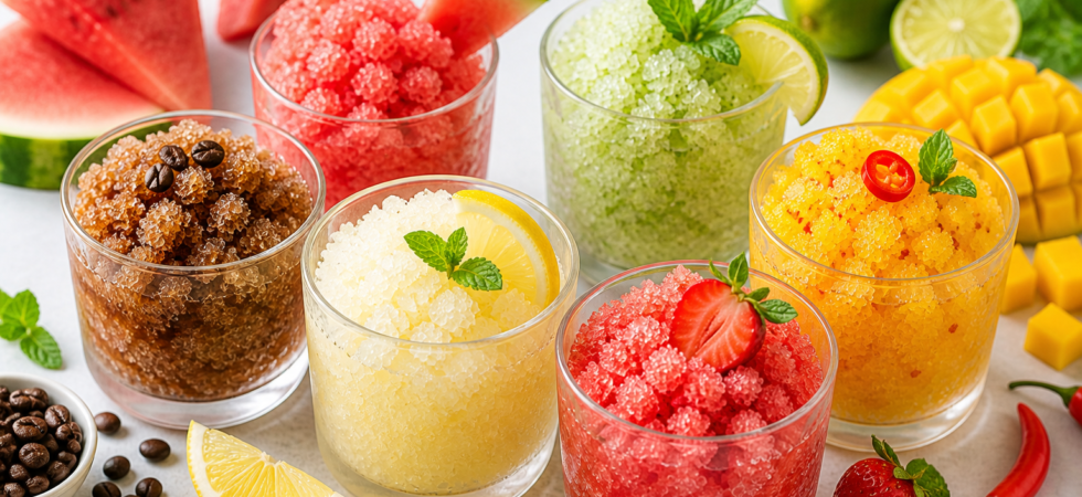 granita domowa różne smaki w pucharkach cytrynowa kawowa arbuzowa